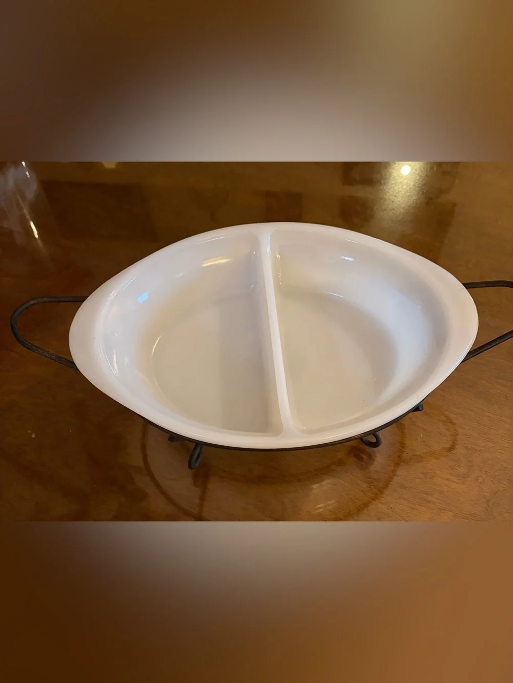 Vintage Mid-Century Glasbake J-239 Divided Casserole Dish with Metal Stand by
